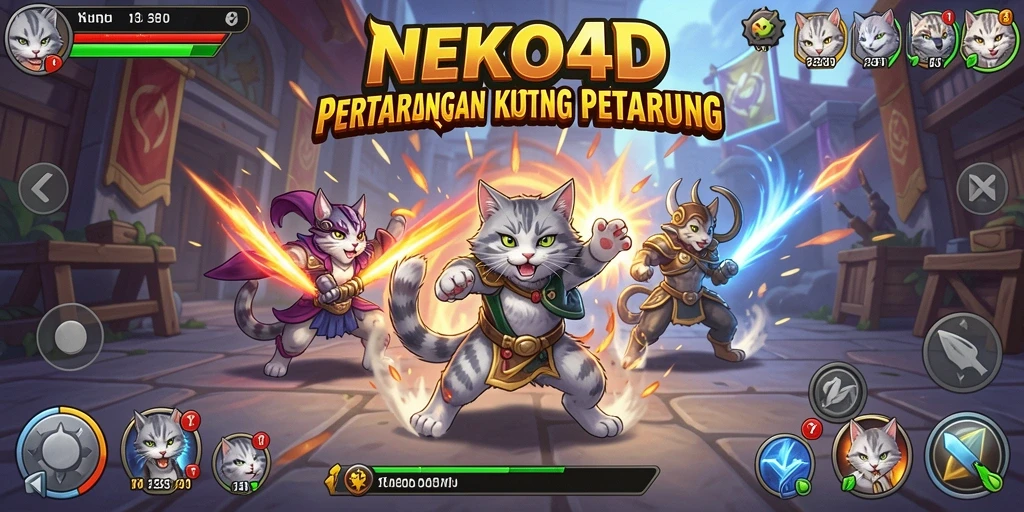 Screenshot menunjukkan pertarungan intens antara kucing petarung di arena.