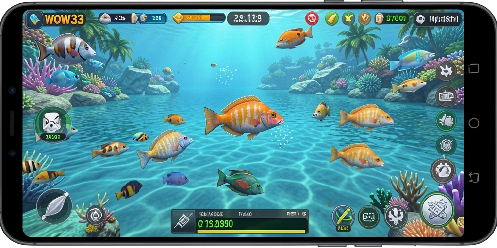 Tampilan gameplay seru Tembak Ikan WOW33 di layar ponsel.